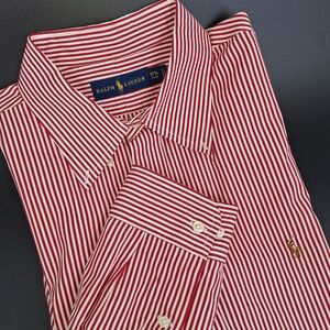 Ralph Lauren Men's Dress Shirt 17.5 Red White Striped Collared Long Sleeve